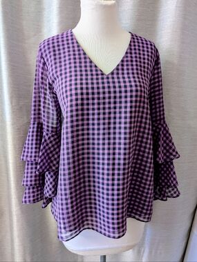 Purple Black Tiered Sleeve Chiffon Liz Claiborne Blouse M